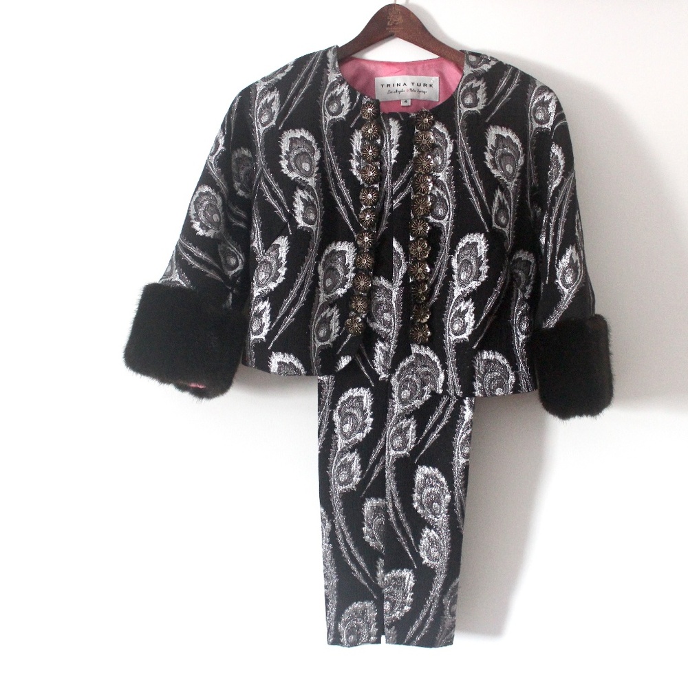 Vintage Trina Turk Pant Suit Size 4, Metallic Silver and Black, Faux Fur Cuffs